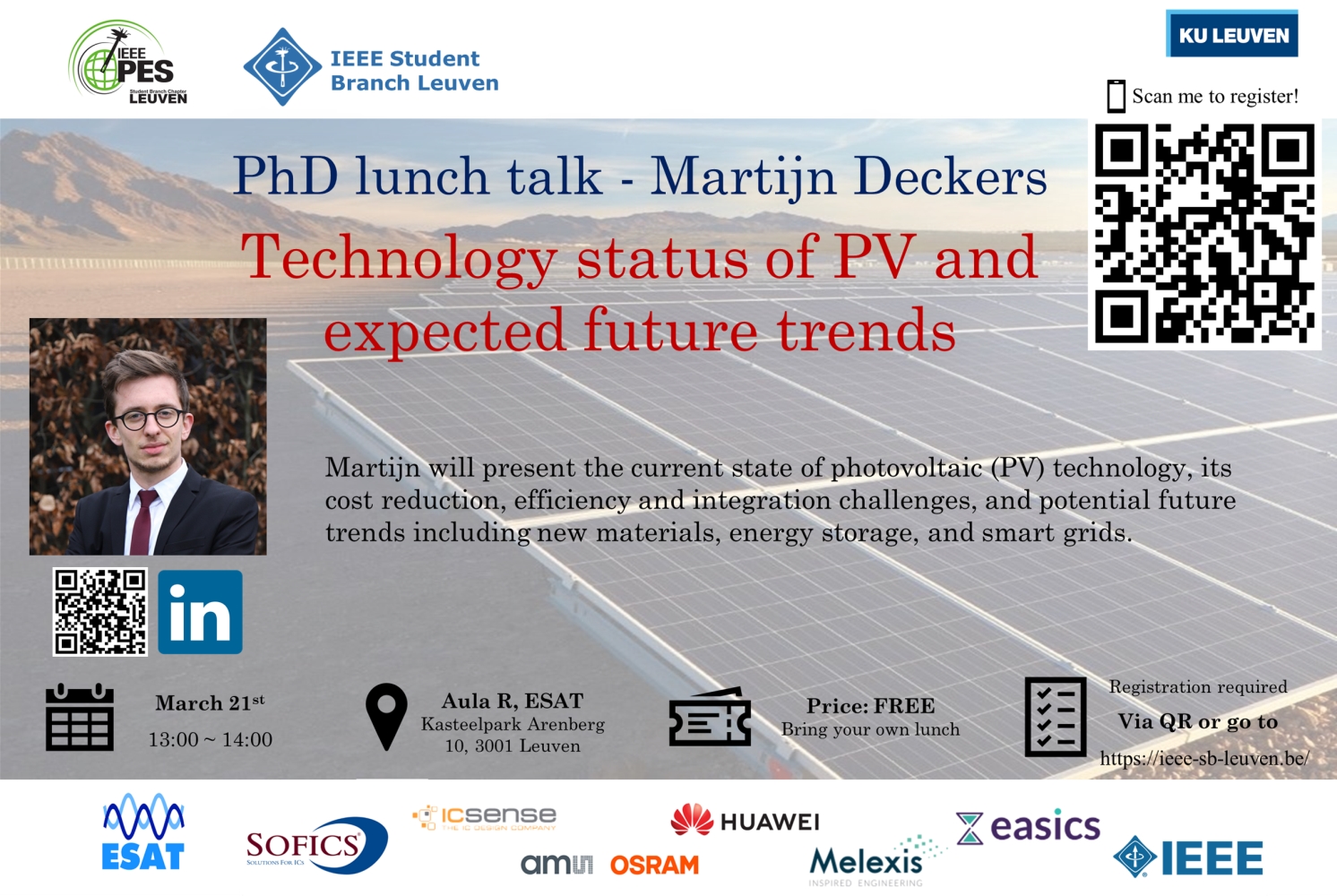 Poster of the PhD talk about the status of PV technology and trends.